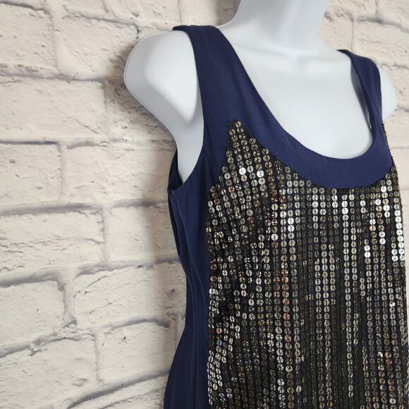 UK Style French Connection Dress Womens Size 4 Navy Blue Sleeveless Faux Sequins - Picture 3 of 14